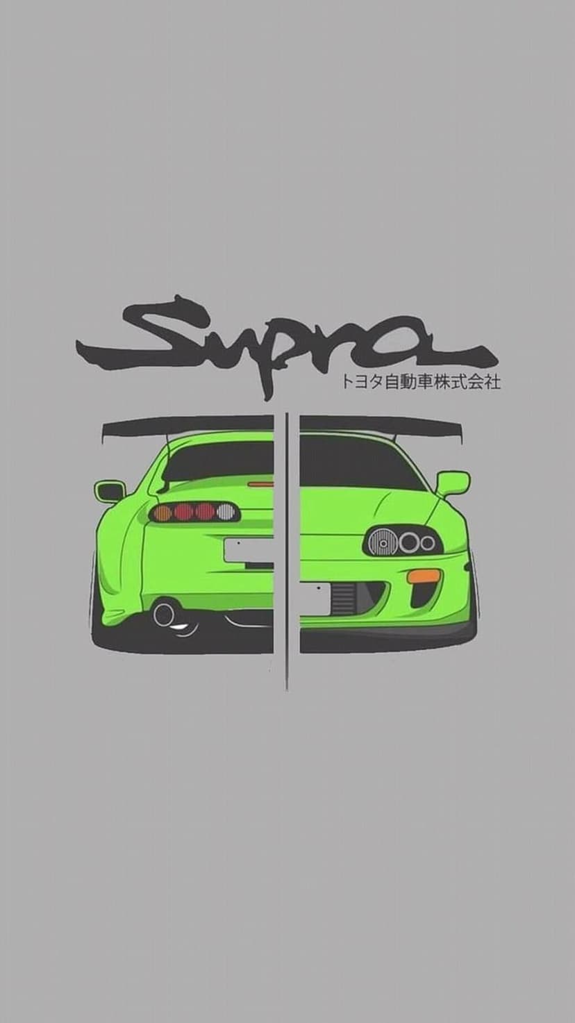 Green Toyota Supra split between front and rear views with Japanese text on a clean, stylized background.