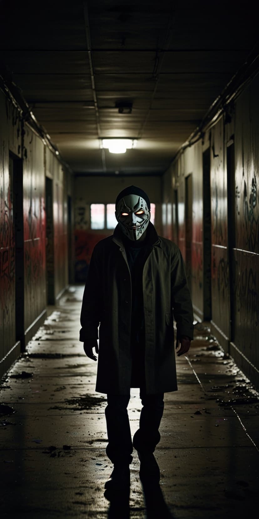 Masked figure with glowing white eyes stands in a dark hallway with red graffiti and wet, reflective floors.