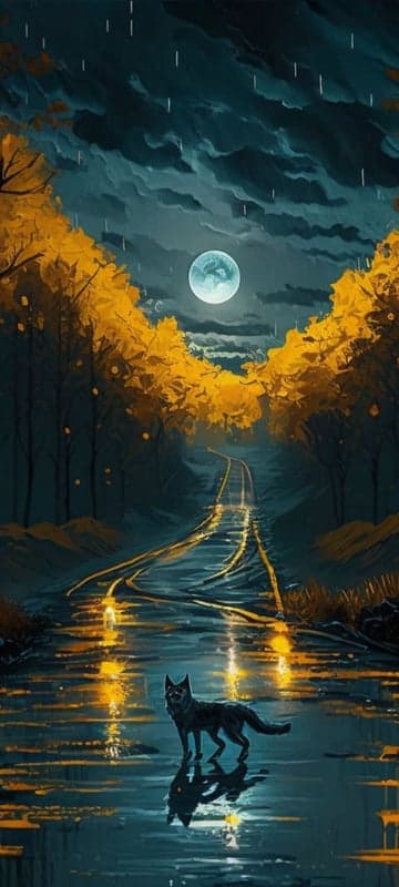 Lone Wolf Under Full Moon on Rainy Autumn Night