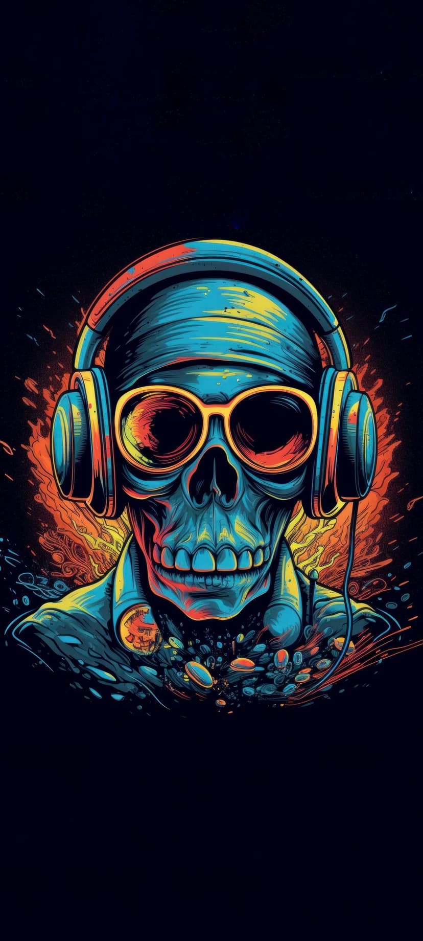 Skeleton wearing blue-tinted sunglasses and large headphones against a fiery orange and yellow background.