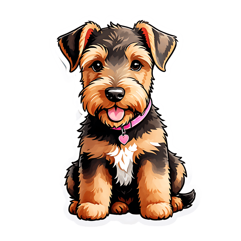 Terrier puppy sticker graphic featuring black and brown fluffy fur, a pink heart collar, and white border.