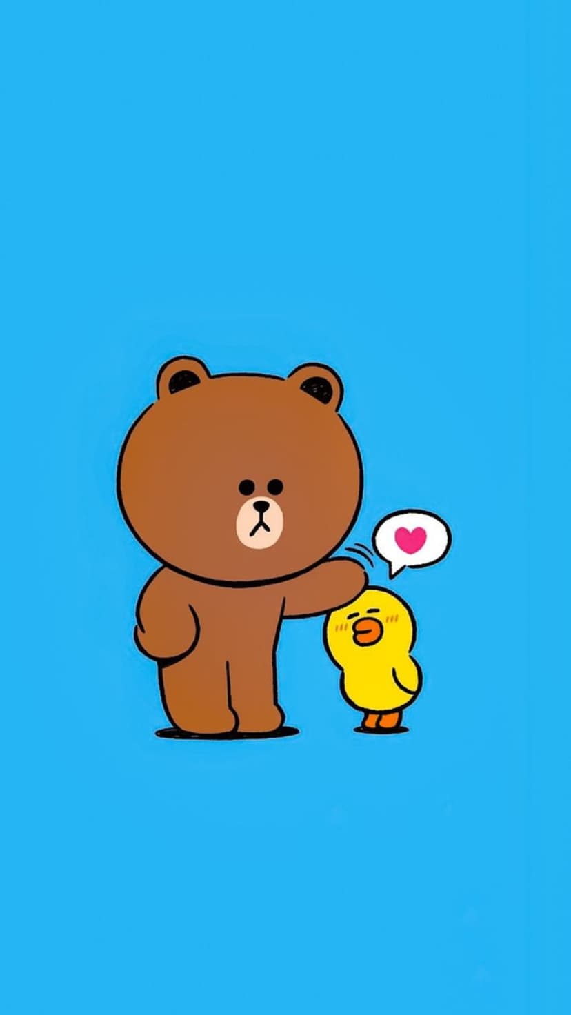 Brown bear petting a yellow duck with a pink heart bubble floating above them against a solid blue backdrop.
