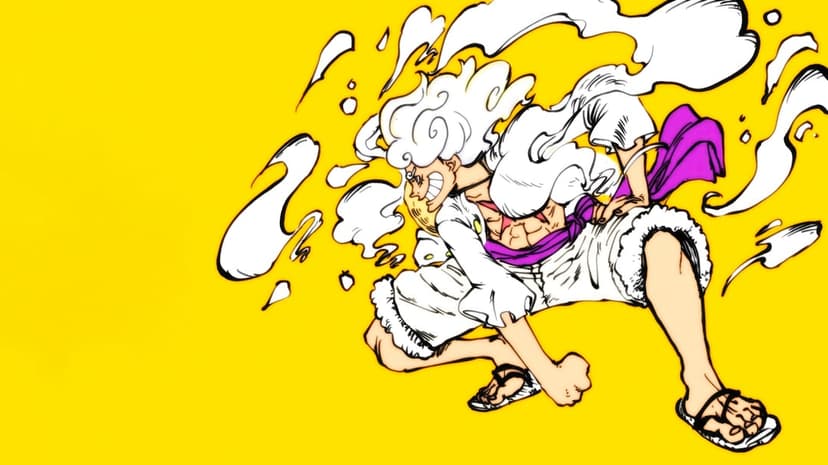 Luffy Gear 5 transformation shows the character with white hair and glowing eyes during a dynamic battle scene.