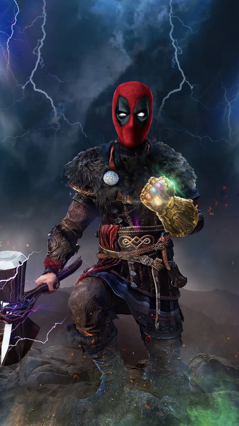 Deadpool wearing Thor armor holds Mjolnir and a glowing Infinity Gauntlet amidst blue lightning and dark clouds.
