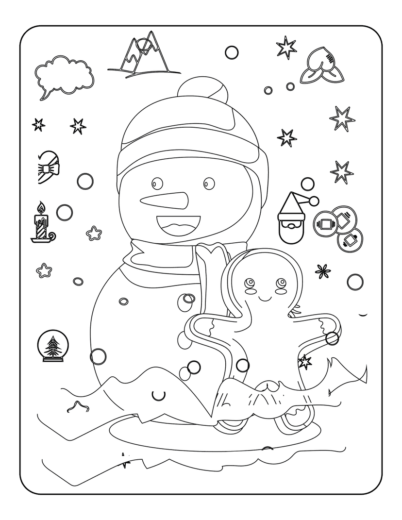 Christmas coloring page showing a snowman and gingerbread man surrounded by a snow globe, candle, and stars.