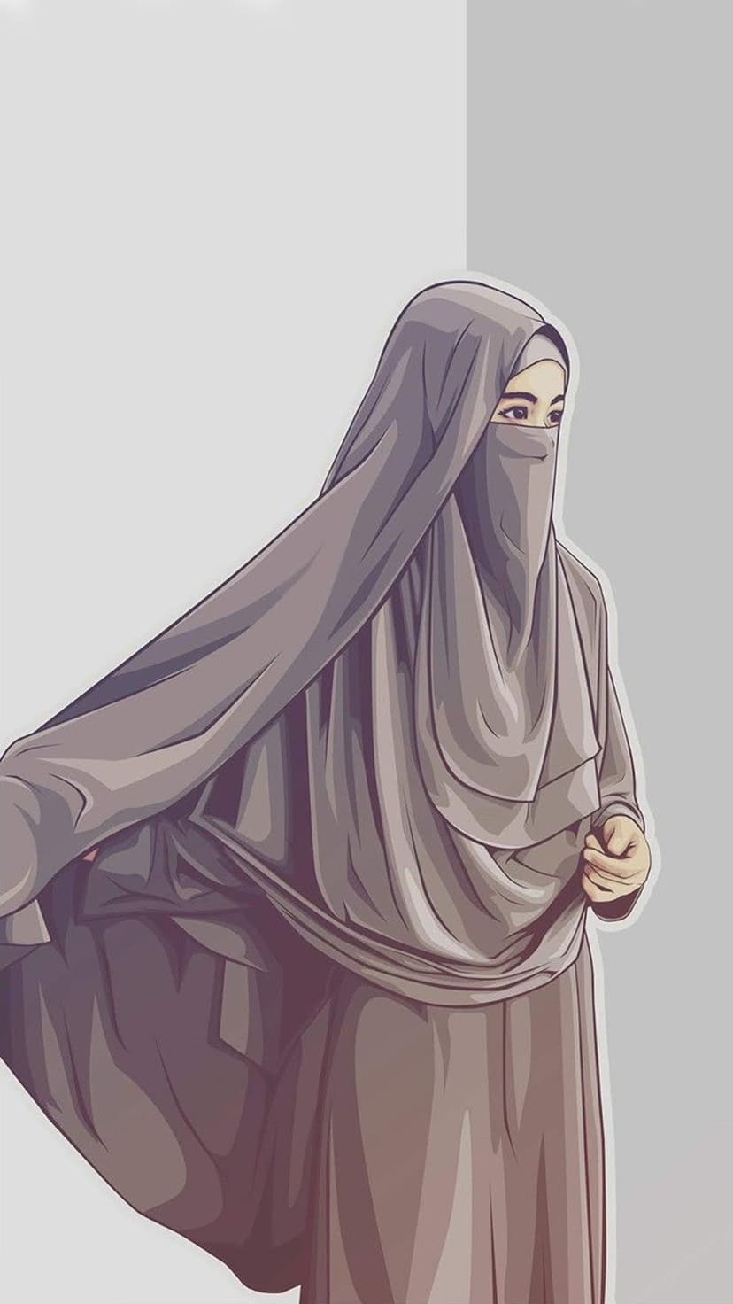 Muslim woman wearing a grey niqab and hijab with visible eyes against a light background in a clean art style.