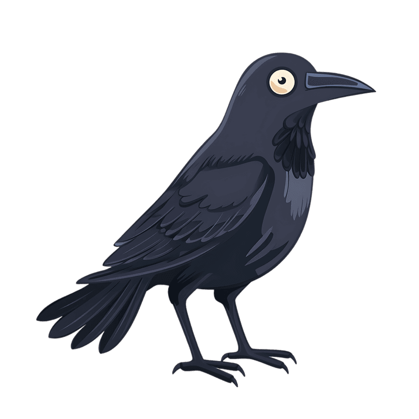 Crow illustration featuring dark grey feathers and a yellow beak shown in profile against a dark background.