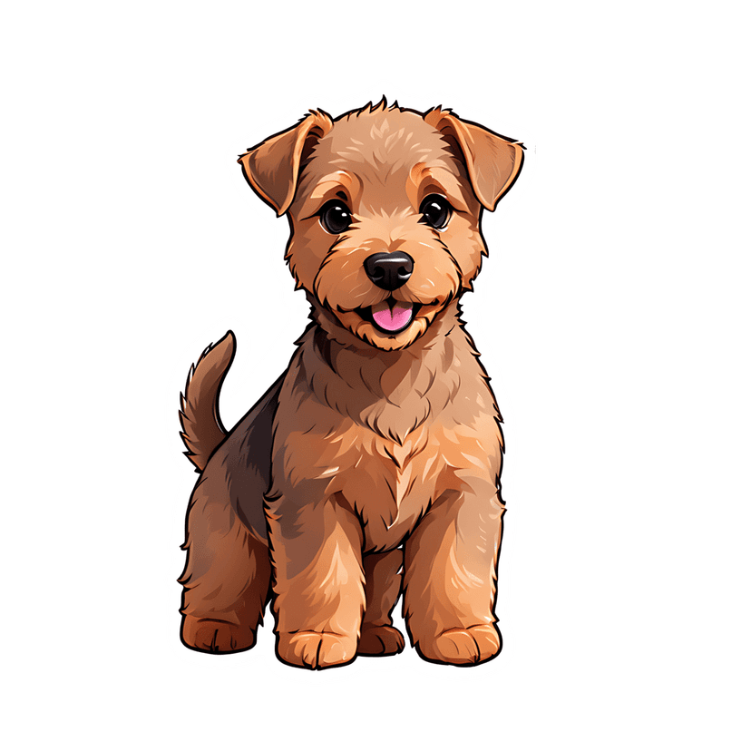 Terrier puppy sticker illustration featuring fluffy brown fur, a pink tongue, and a thick white contour outline.