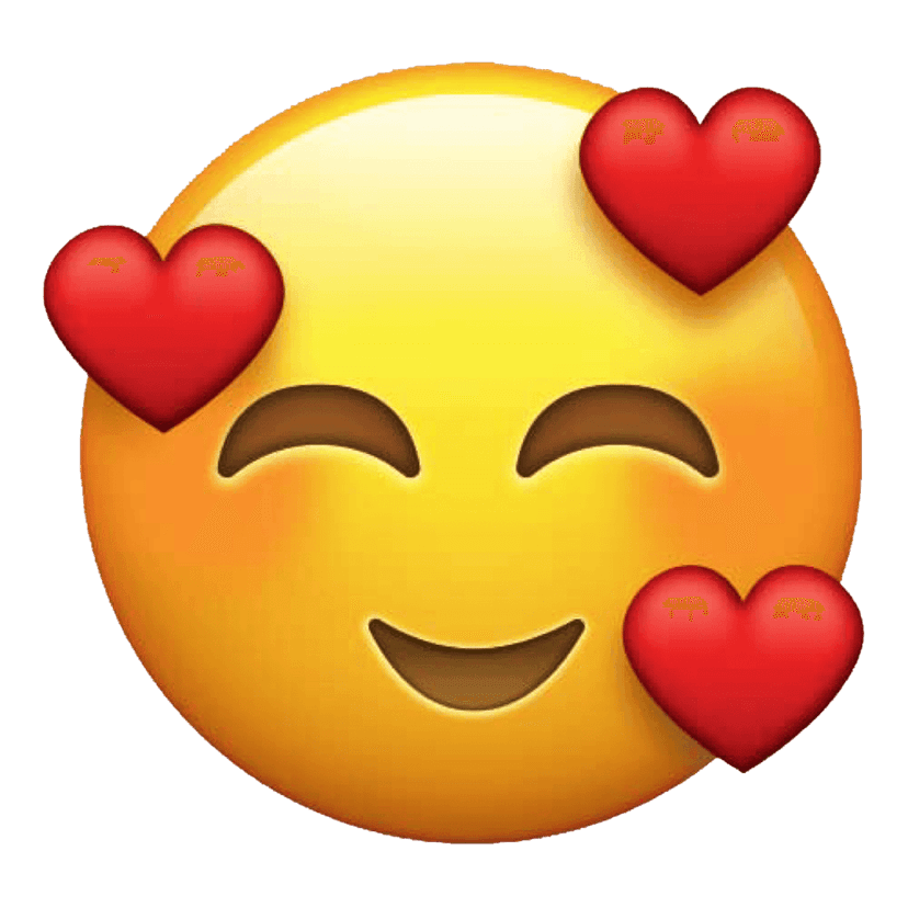 Love emoji heart eyes sticker features a yellow 3D sphere with red hearts and a white open mouth smile.