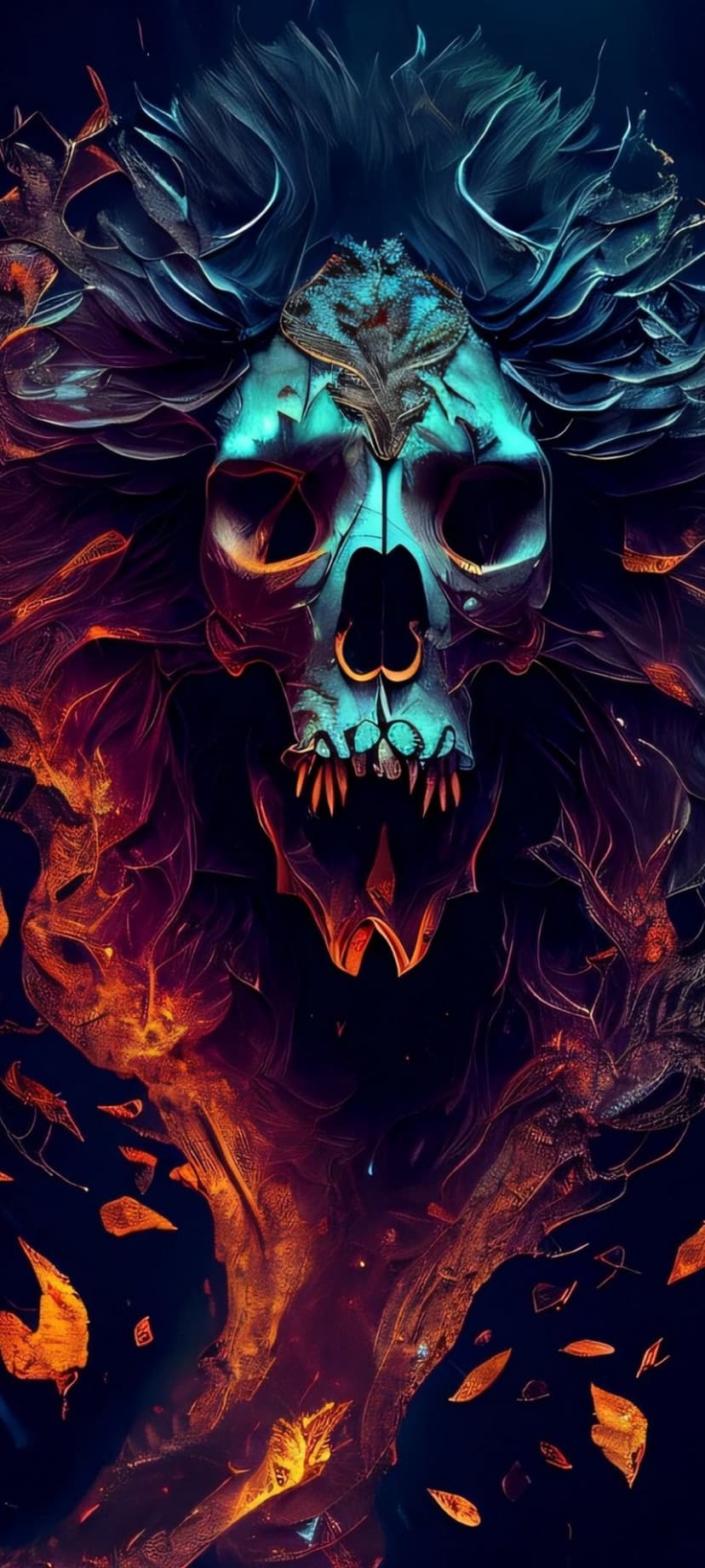 Luminous cyan skull with radiant eye sockets surrounded by swirling orange fire and purple smoke wisps.