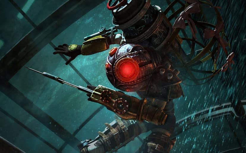 Big Sister diving suit with glowing red eye and needle weapon in dark blue underwater environment with bubbles.