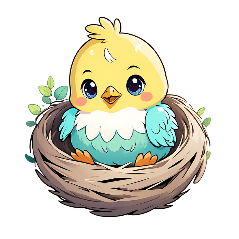 Yellow baby bird sticker illustration sitting in a brown nest with blue wings and a white die-cut border.