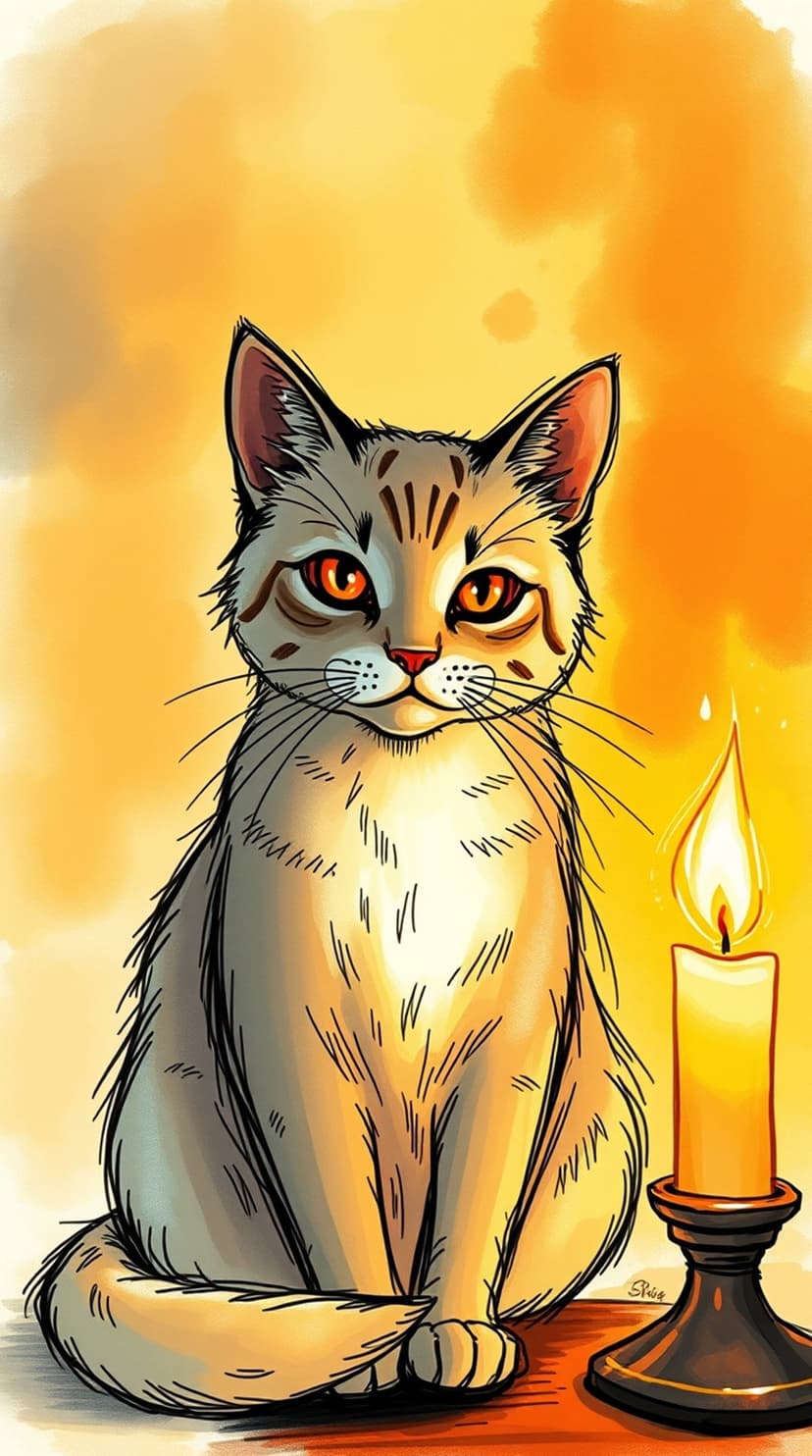 Tabby cat with glowing orange eyes sits beside a flickering candle flame within a dark, painterly setting.