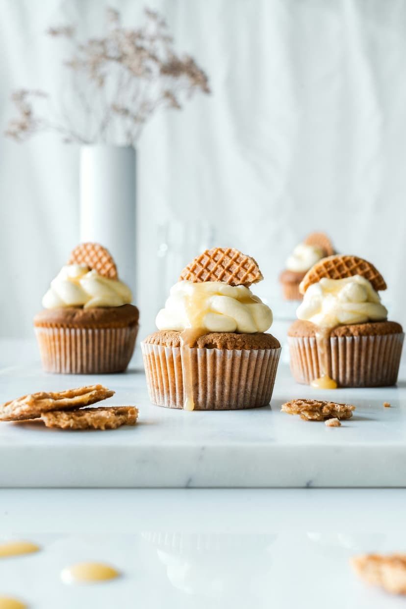 Frosted cupcakes with caramel drizzle and waffle pieces rest on a white marble surface with dried flowers behind.
