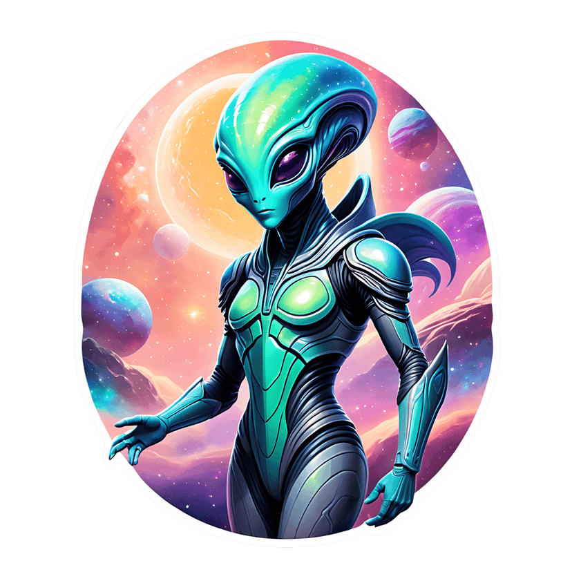 Teal alien sticker wearing futuristic armor sits before an orange planet and swirling purple cosmic nebulae.
