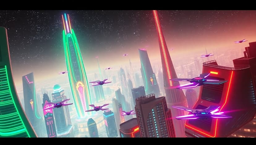 Towering neon skyscrapers and glowing flying cars fill a dark futuristic city under a starry night sky at dusk.