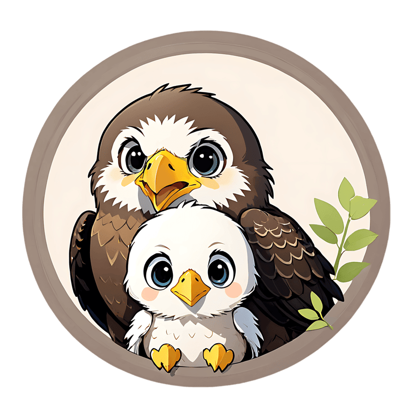 Eagle family sticker illustration featuring brown parent and white chick within circular green leaf foliage.