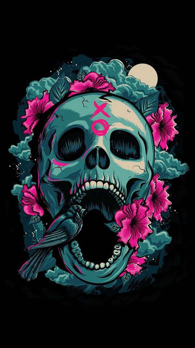 Teal skull with an XO symbol and pink hibiscus flowers under a pale moon and dark clouds in a night sky.