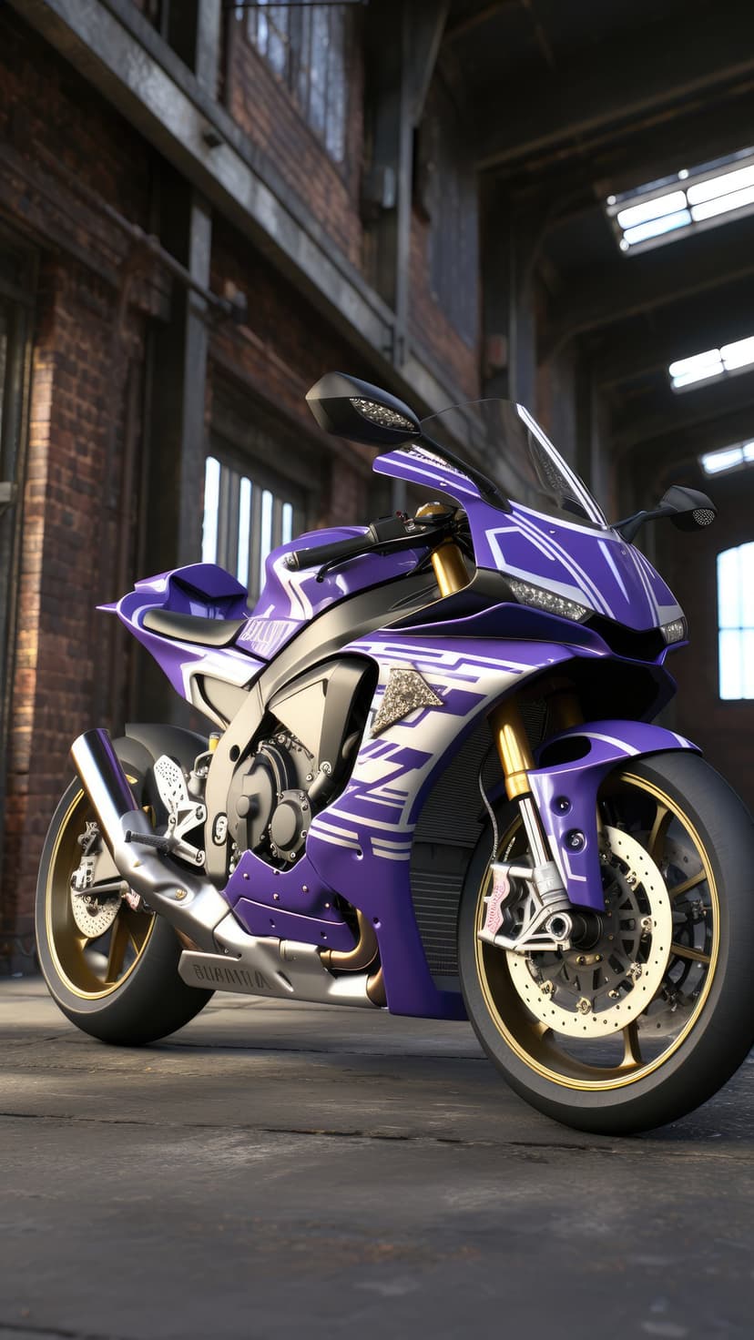 Purple sportbike with white racing stripes and gold rims parked inside a gritty industrial warehouse setting.