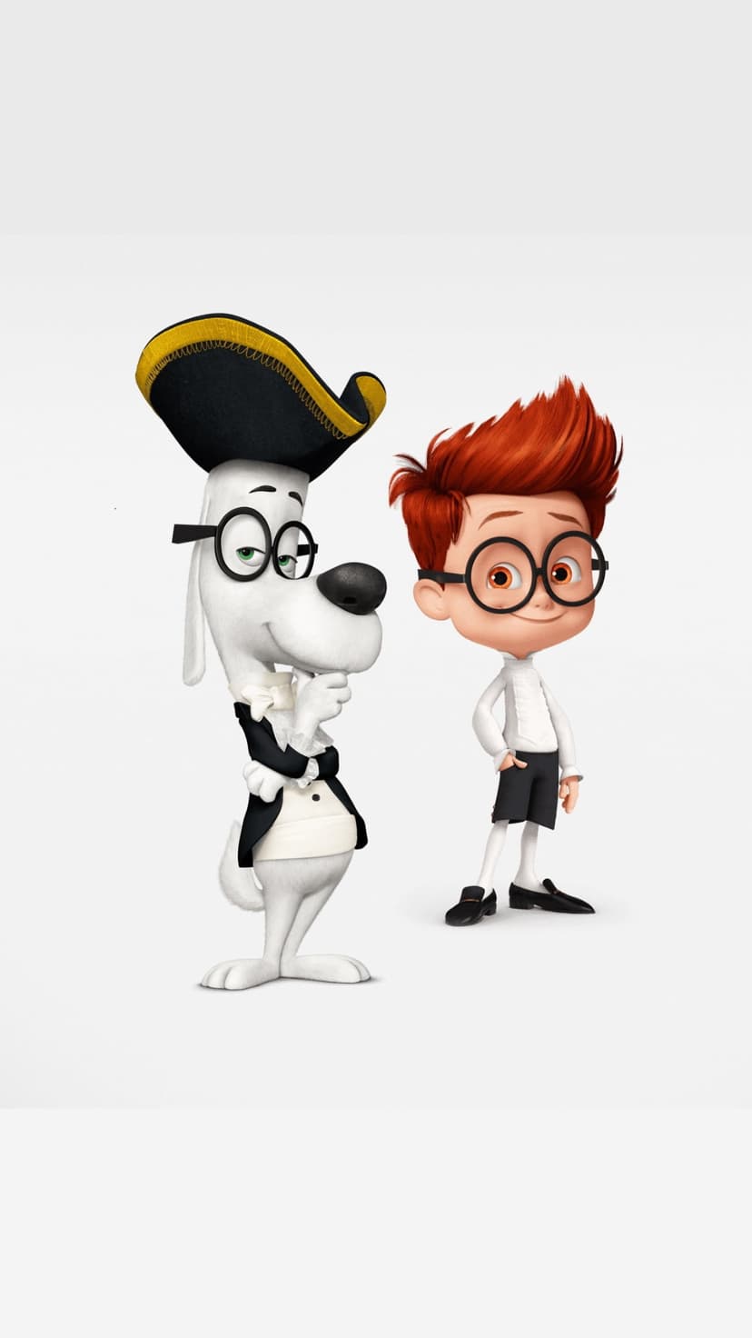 Mr. Peabody in a pirate hat and Sherman wearing glasses stand together against a minimalist white background.