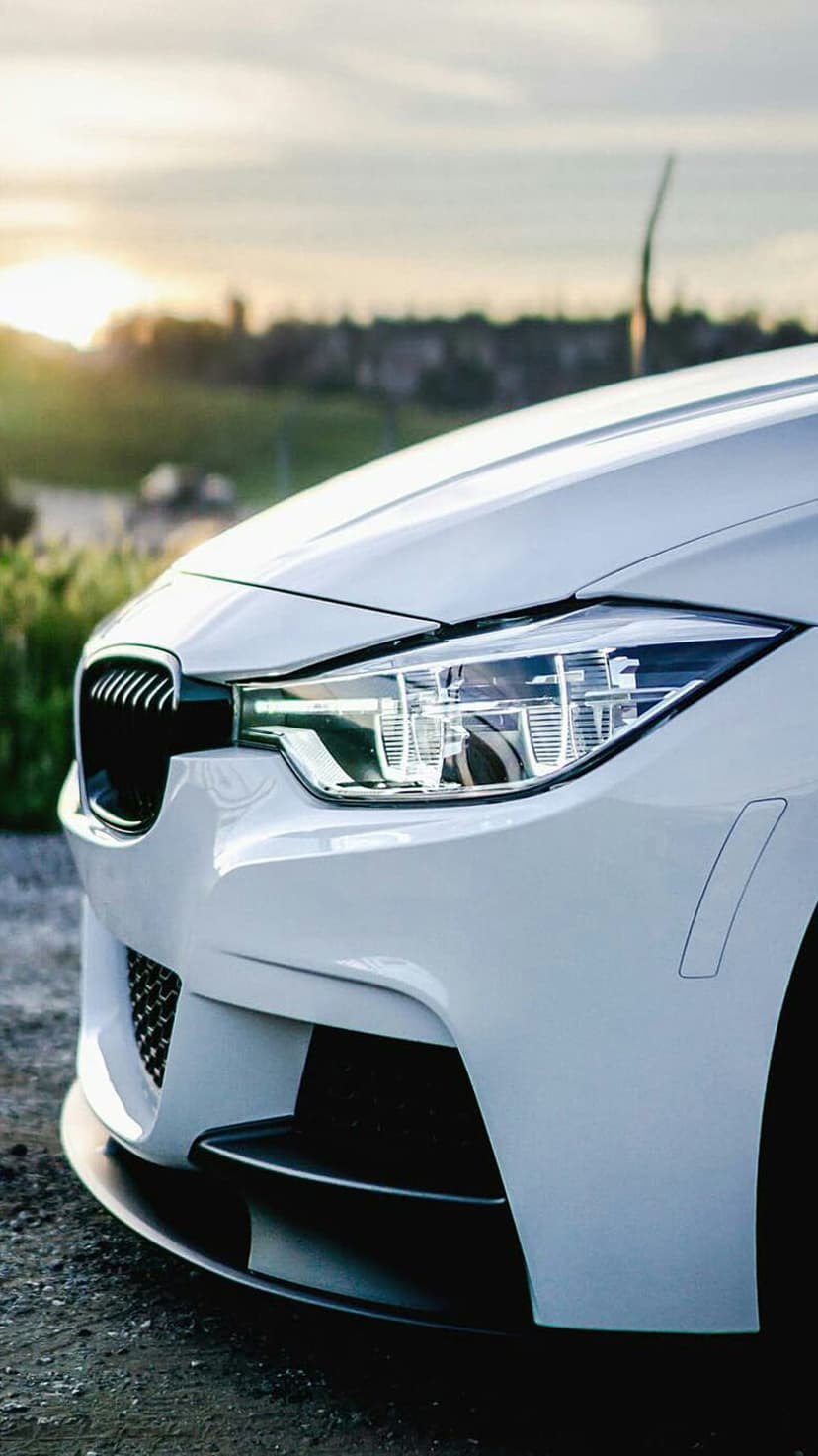 White BMW sports car front grille and headlights reflecting golden sunset light against a blurred forest backdrop.