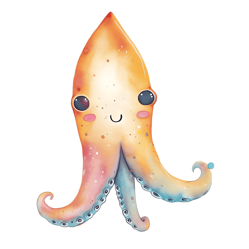 Orange watercolor squid character features teal tentacles with suction cups and colorful speckled body details.