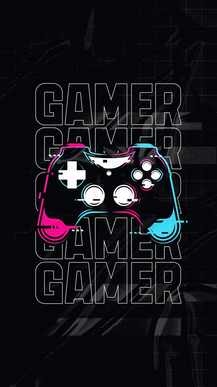 Game controller with neon pink and blue glitch effects and bold white GAMER text on a dark textured background.