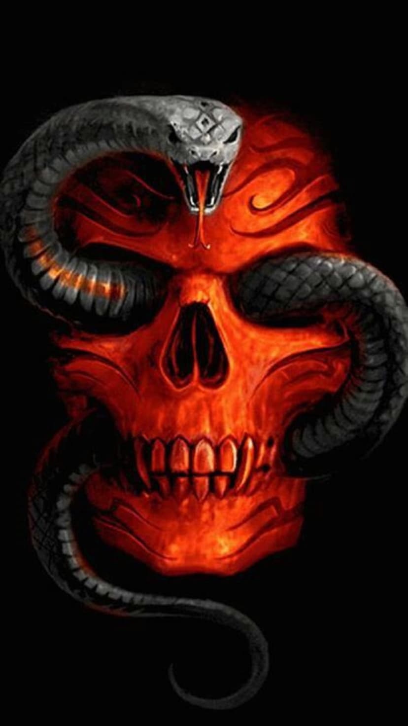 Fiery red skull with glowing orange eyes and a textured grey snake coiled around its forehead on a black background.
