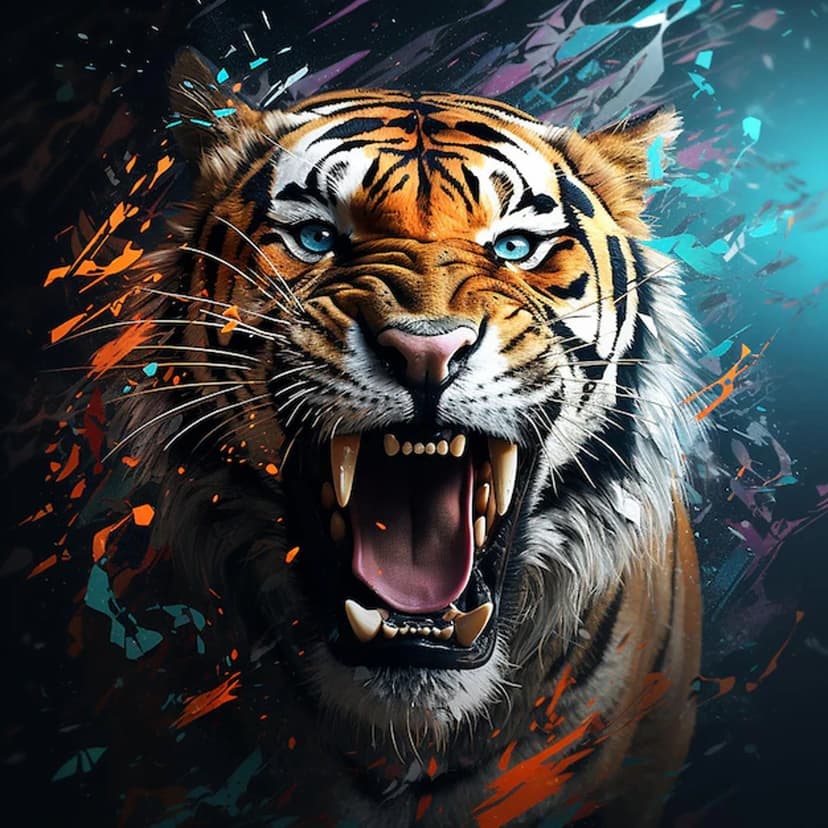 Tiger with bright blue eyes roars amidst orange and purple paint splatters against a dark background.