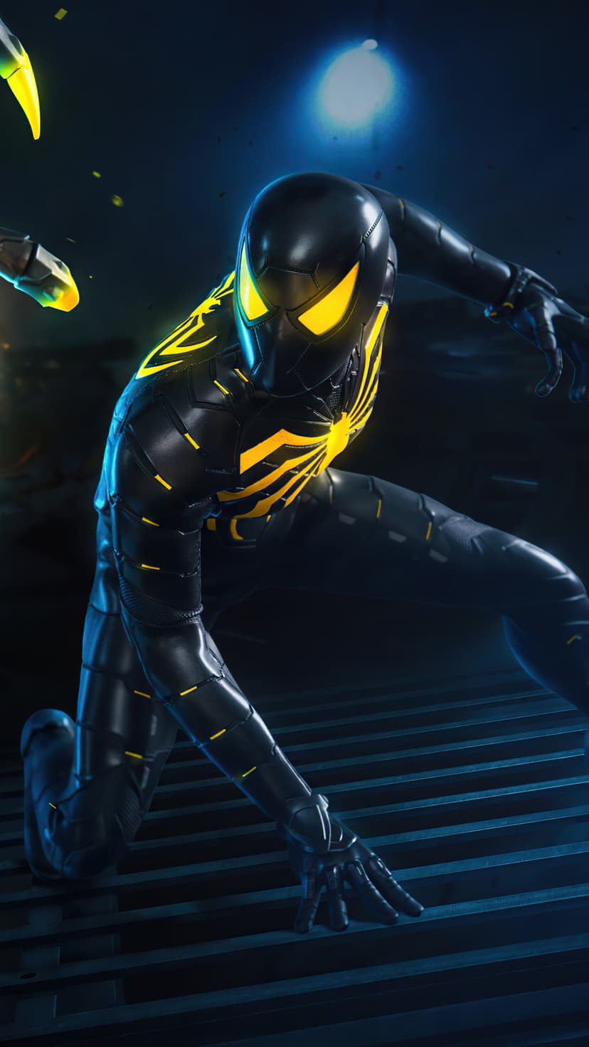 Spider-Man in a black and yellow suit crouches on a dark street illuminated by a bright blue lens flare effect.