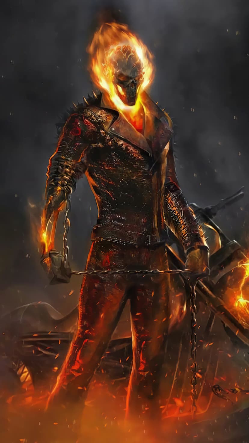 Ghost Rider on a motorcycle with a flaming skull and metallic chains amidst swirling orange and yellow embers.