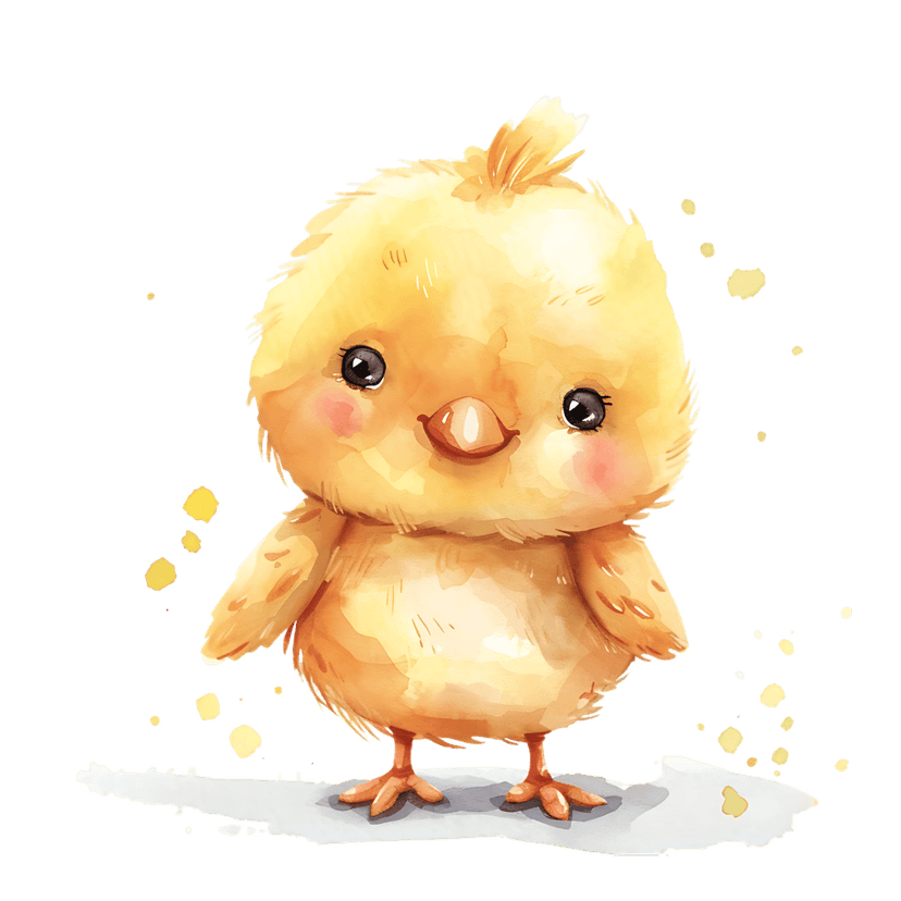Yellow baby chick watercolor illustration featuring fluffy feathers and paint splatters on a transparent base.