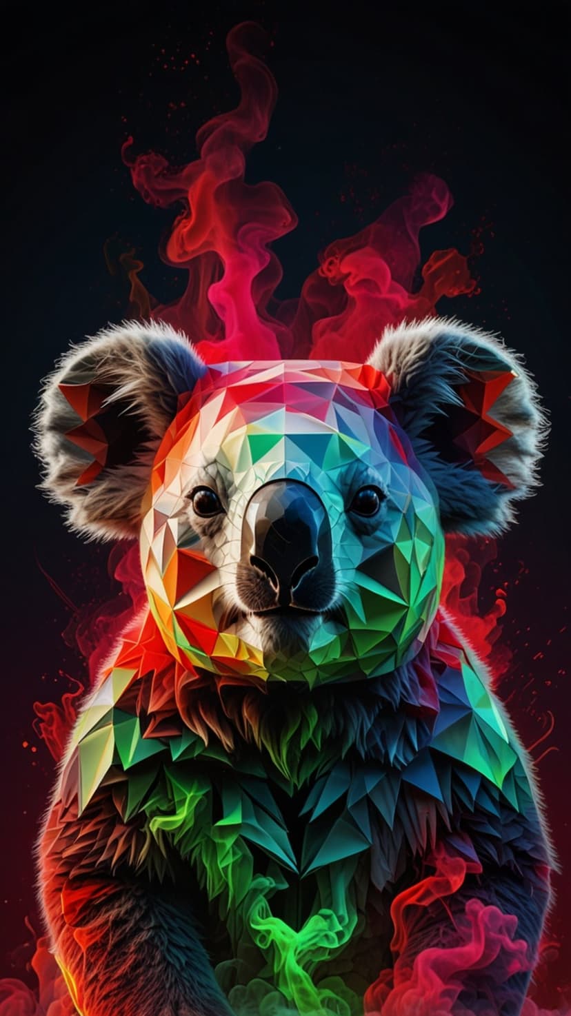 Geometric koala with rainbow fur surrounded by red and green smoke wisps against a pitch black background.
