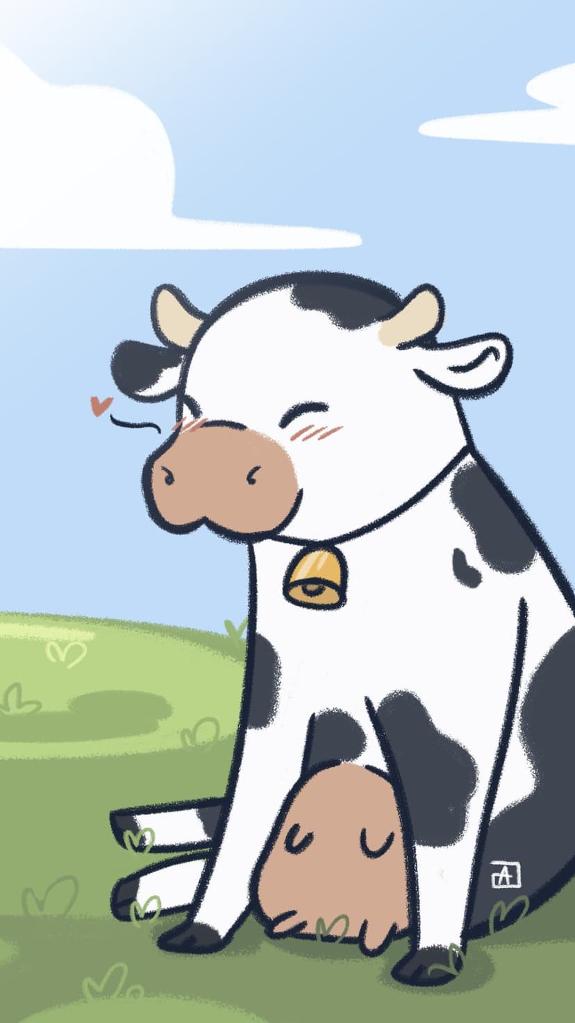 Spotted cartoon cow with a golden bell and pink cheeks sits in a green field under a blue sky with white clouds.