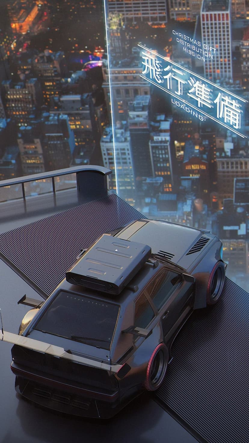 Sleek dark vehicle sits on a rooftop overlooking a neon cyberpunk city with glowing blue holographic displays.