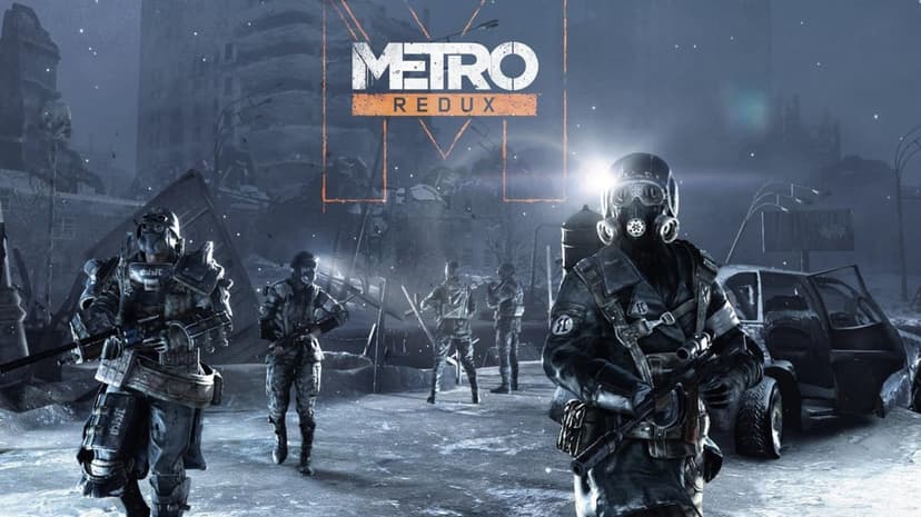 Soldiers in gas masks and tactical gear stand in a snowy, ruined city with the Metro Redux logo overhead.