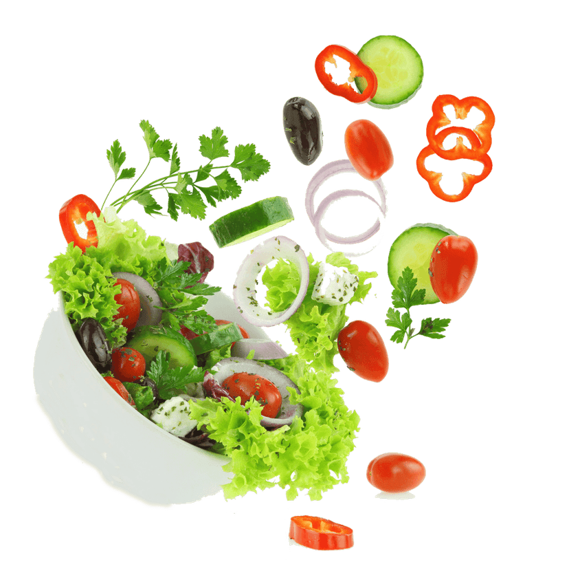 Caesar and Greek salad illustration showcasing crisp leafy greens, sliced tomatoes, and feta cheese crumbles.