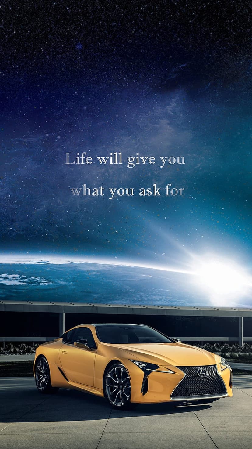 Yellow Lexus LC coupe parked by a modern building under a large view of planet Earth in a starry night sky.