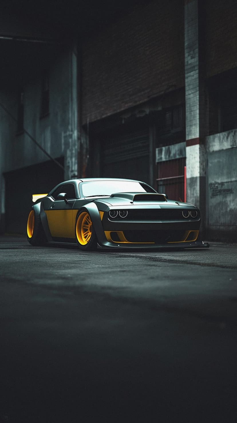 Matte black Dodge Challenger widebody with bright yellow rims parked within a dark, gritty industrial alley.