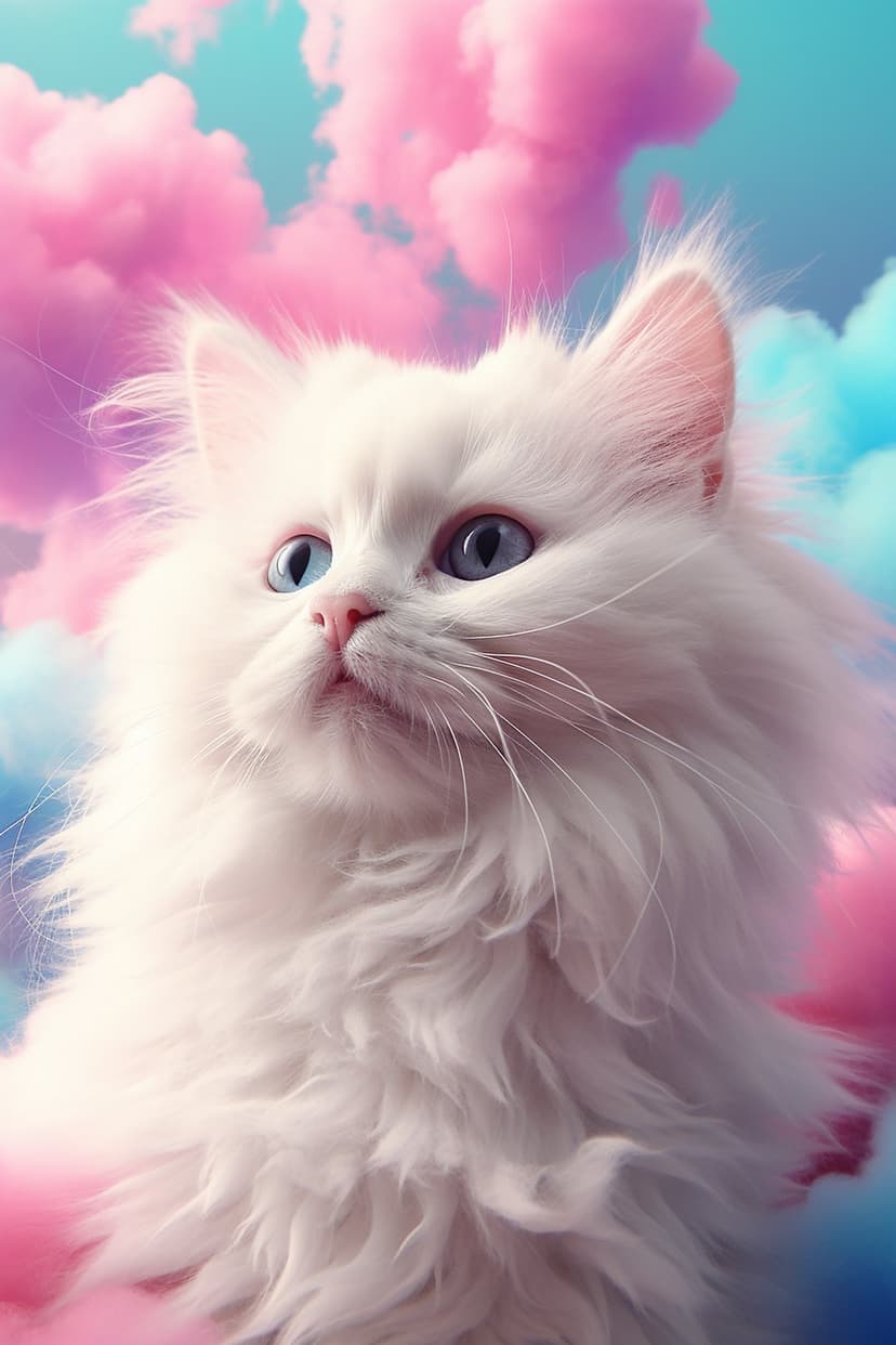White longhair cat with blue eyes rests among pink and blue pastel clouds in a soft whimsical dreamscape.