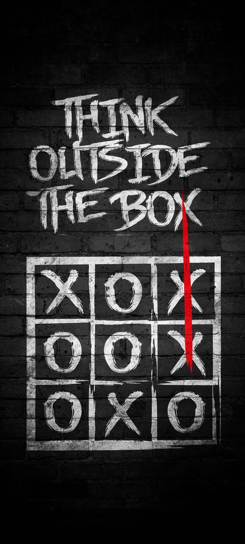 White stencil lettering above a tic-tac-toe grid with a red vertical line on a dark, weathered brick wall.