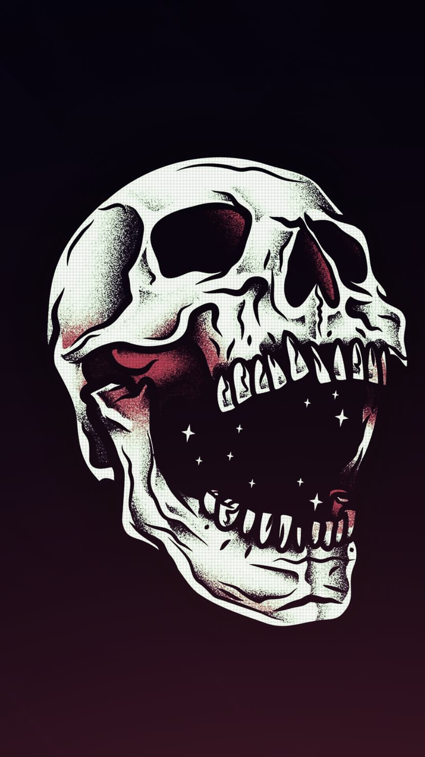Skull with its mouth open revealing a dark void filled with stars and faint red highlights on the bone.