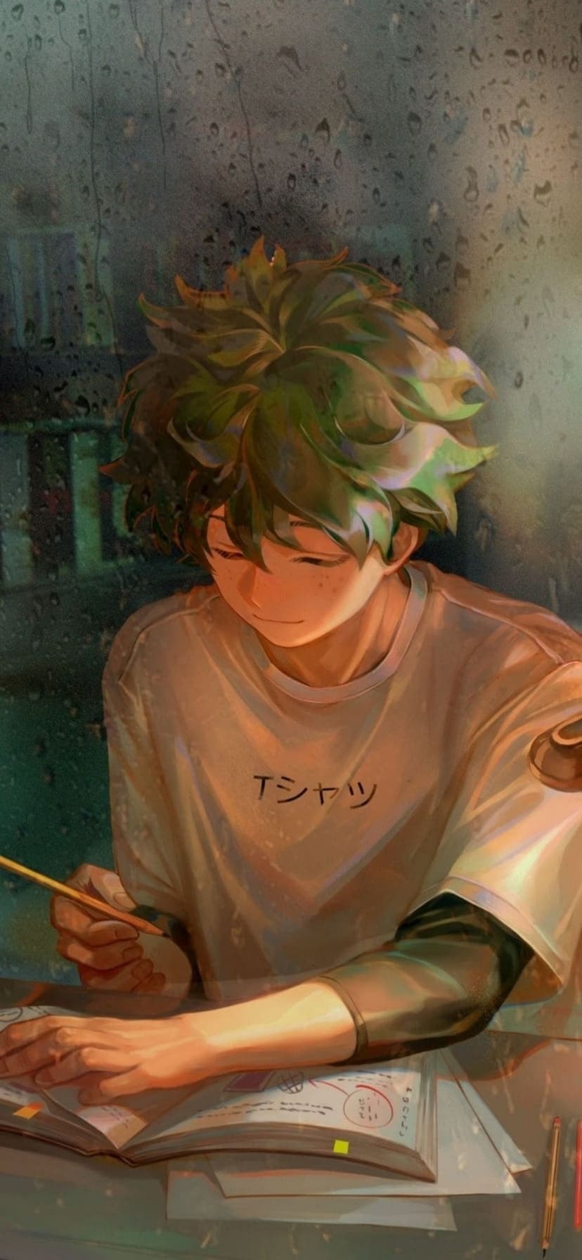 Green-haired boy writes in a notebook beside a window with rain droplets under soft, indoor ambient lighting.