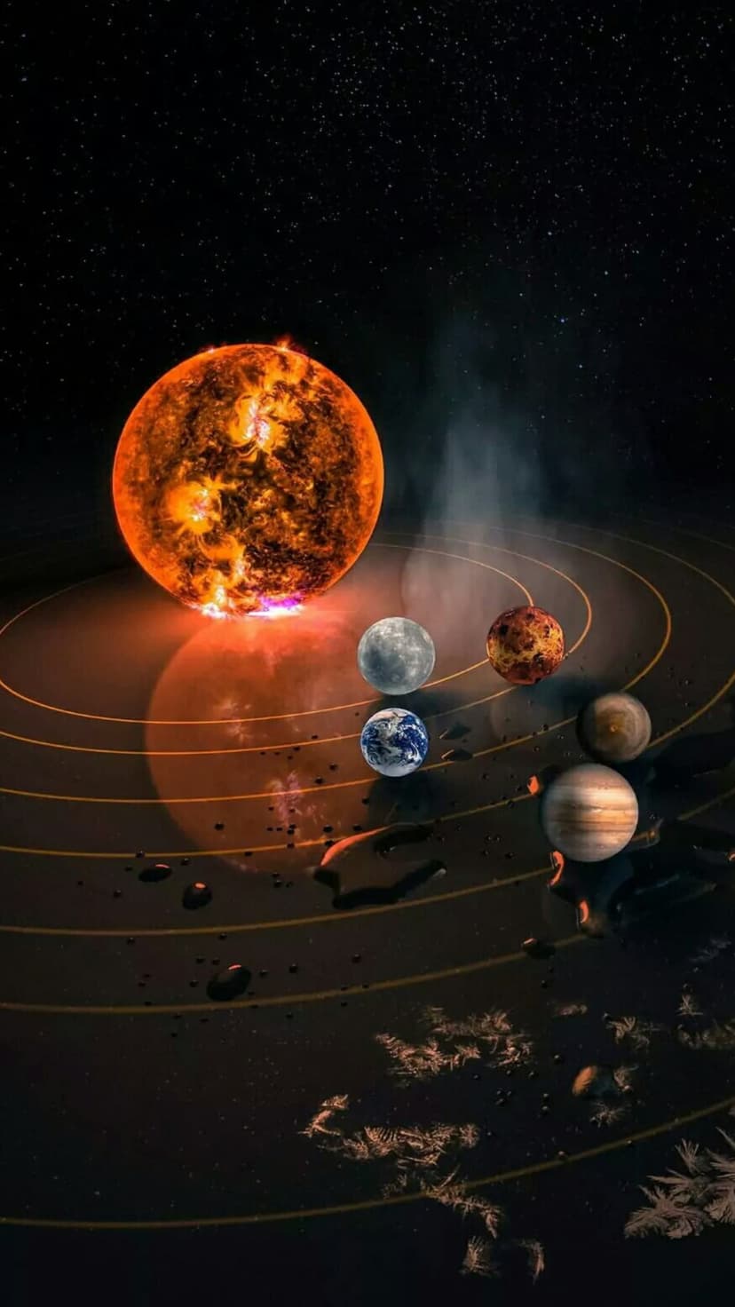 Glowing yellow sun surrounded by planetary orbits, asteroid fragments, and nebula clouds in deep outer space.
