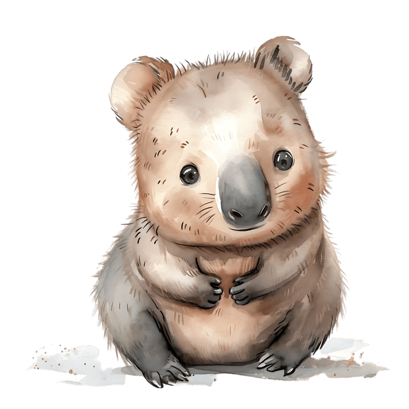 Seated watercolor koala illustration featuring soft gray fur textures and expressive eyes on a white surface.