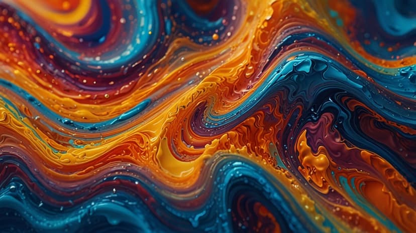 Blue and orange liquid paint swirls with metallic gold streaks in a complex marbled texture background.