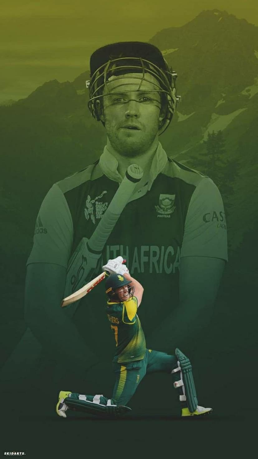 South African cricketer wearing a helmet and pads kneels with a bat against a large portrait and mountain peaks.