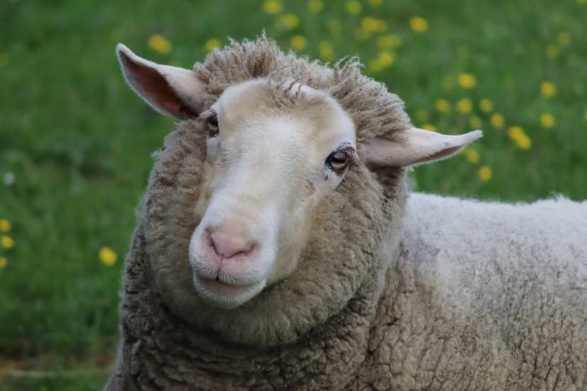 Fluffy white sheep with a cream-colored face looking at the camera in a blurry green field with yellow flowers.