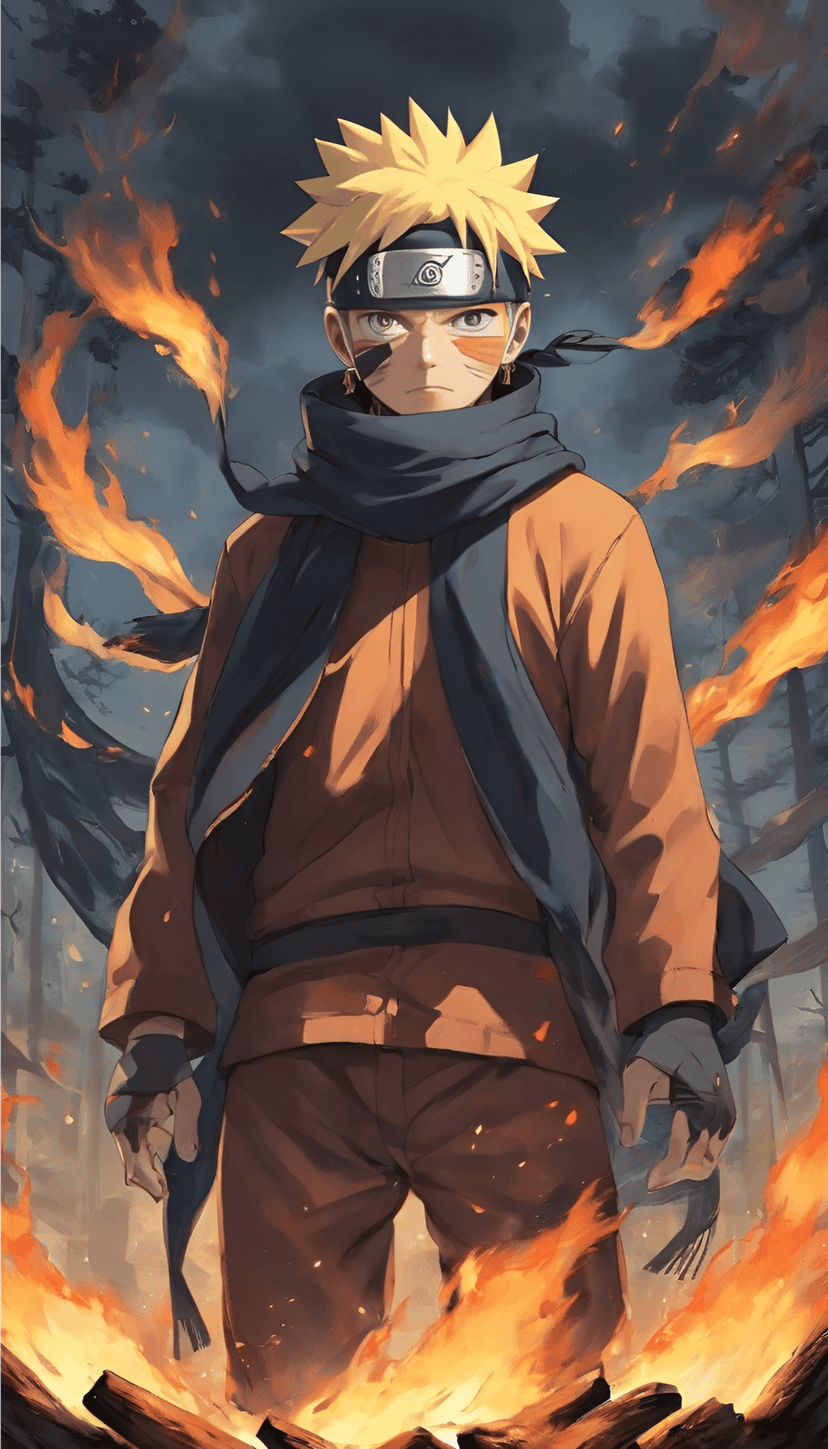 Naruto Uzumaki in an orange jumpsuit and dark scarf stands amidst swirling flames and a shadowed forest.