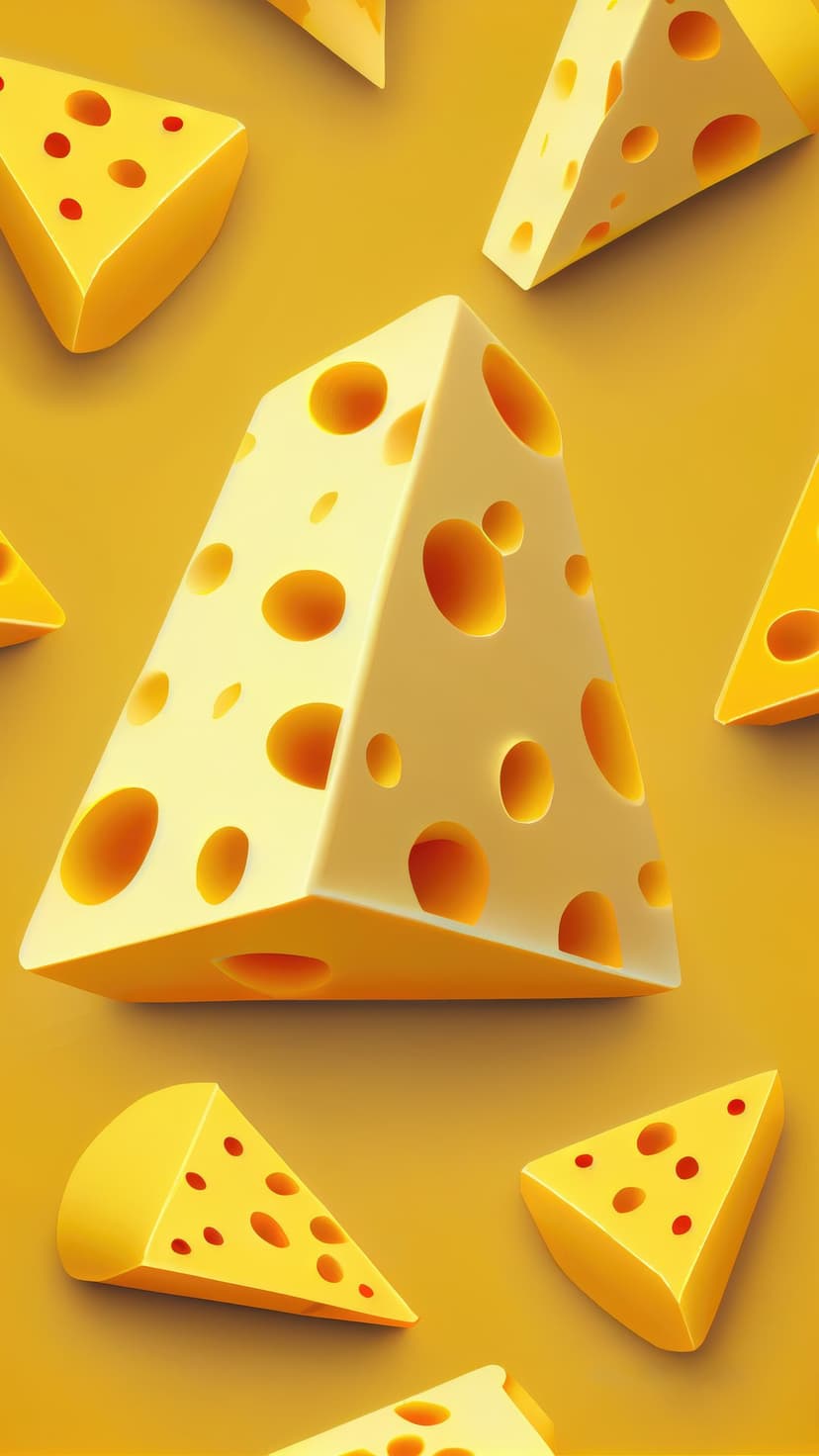 Yellow cheese triangles with circular holes scattered across a solid warm yellow monochromatic surface.